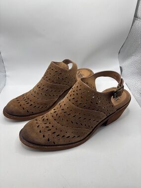 Sofft Tan Alyce Suede Leather upper Mules SZ 8.5 Block Heel Slingback Distressed